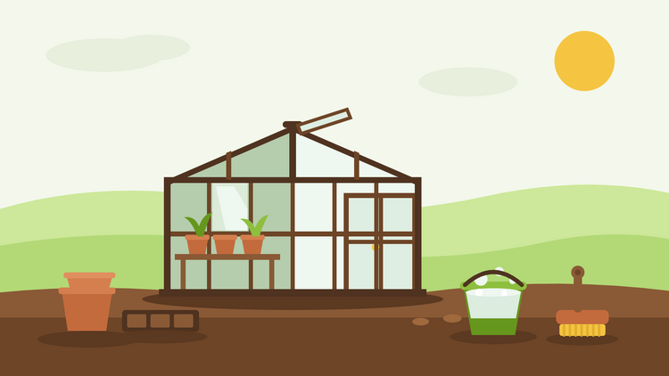 Gewächshaus im Herbst reinigen — flache Illustration eines Gewächshauses mit halb gereinigter Verglasung, einem Eimer Seifenwasser und einer Scheuerbürste