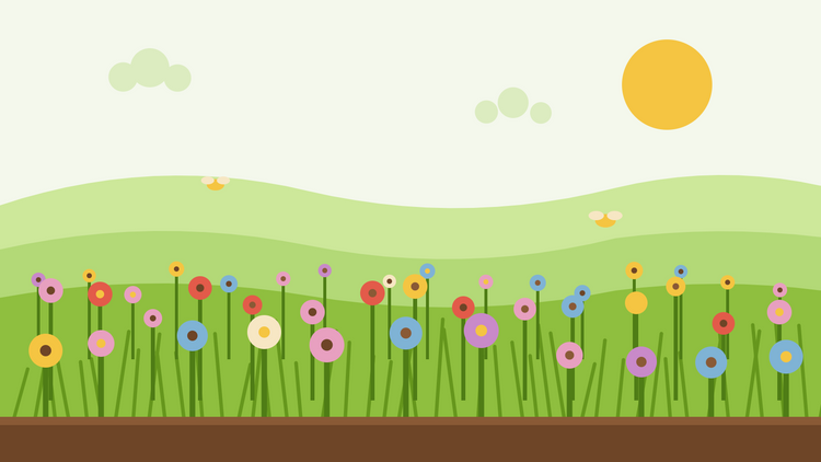 Eine Wildblumenwiese anlegen – flache Illustration einer blühenden Wiese mit Gräsern, Mohnblumen, Gänseblümchen und Schmetterlingen