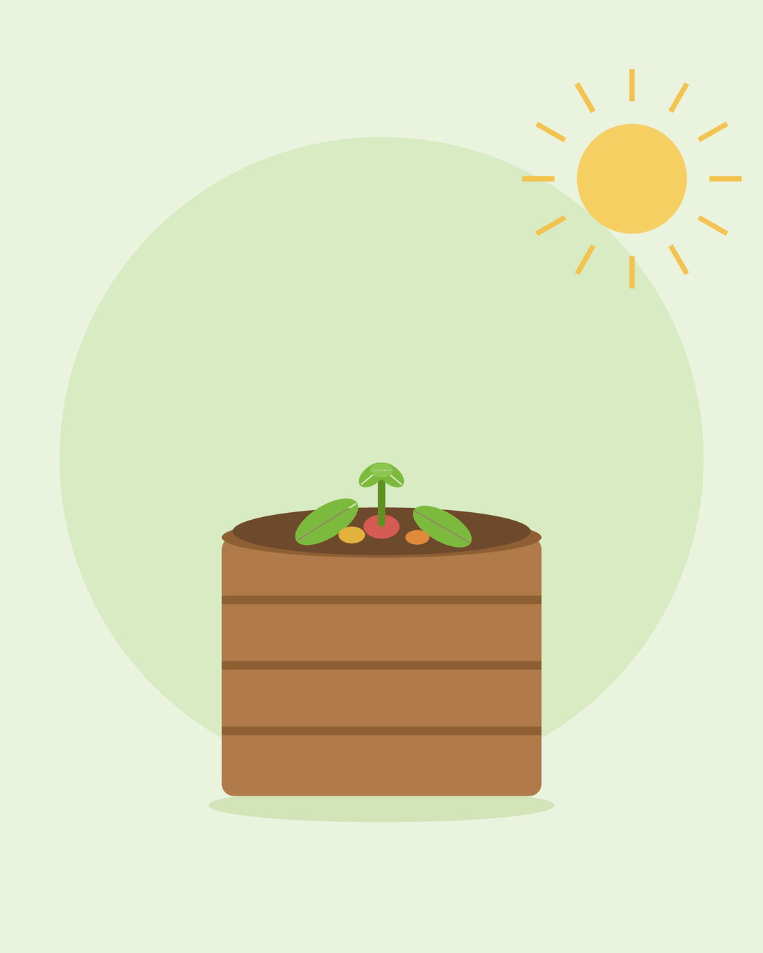 Flat illustration of a wooden compost bin with kitchen and garden scraps — composting for beginners, from SeedsChoice