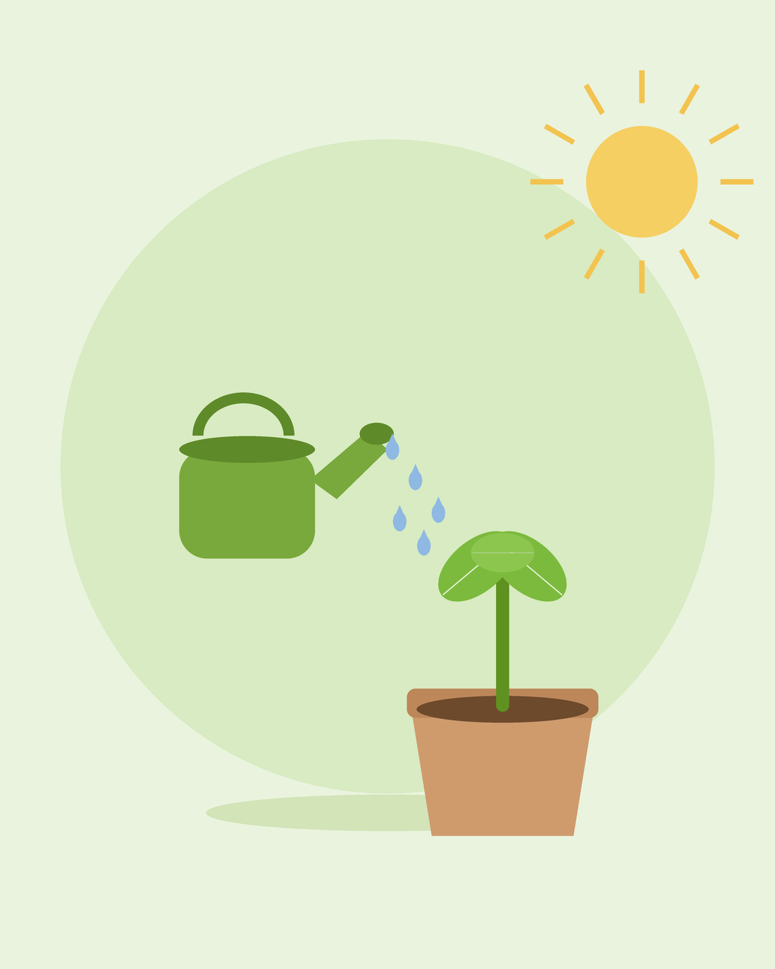 Flache Illustration einer grünen Gießkanne, die einen Sämling im Topf bewässert — Ihren Garten bewässern, von SeedsChoice