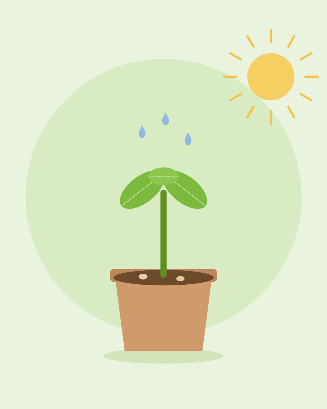 Flache Illustration eines jungen Sämlings, der in einem Blumentopf unter der Sonne mit Wassertropfen keimt — Samen keimen lassen, von SeedsChoice