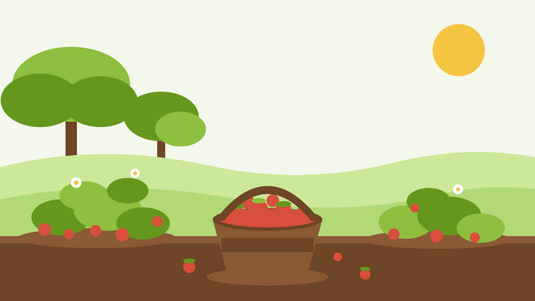 Walderdbeeren ernten – flache Illustration von niedrigen Fragaria vesca-Horsten mit kleinen roten Beeren neben einem Korb mit gepflückten Früchten
