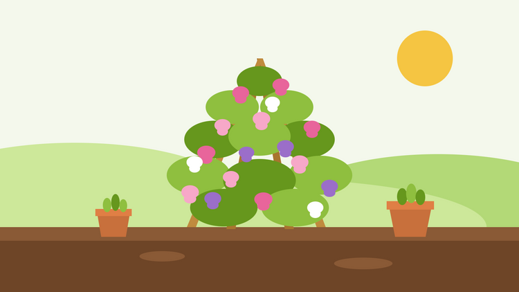 Anleitung zum Aussäen von Duftwicken – flache Illustration eines Bambusstabtipi, berankt mit rosa, lila und weißen Duftwickenblüten, daneben Töpfe mit Jungpflanzen