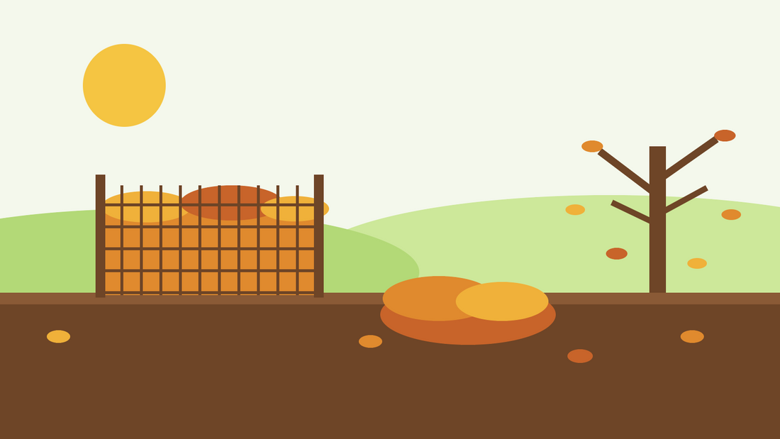 How to make leaf mould — flat illustration of a wire mesh leaf cage filled with autumn leaves beside a bare tree and a heap of fallen leaves
