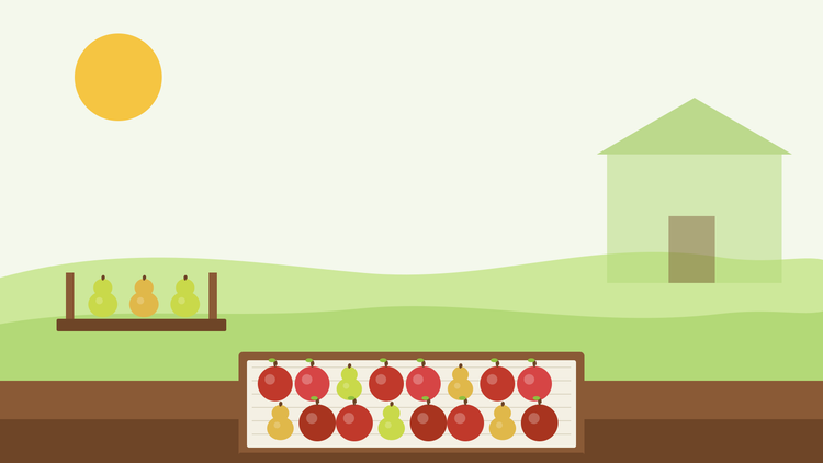 How to store apples and pears for winter — flat illustration of apples and pears laid in rows in a newspaper-lined wooden crate beside a shelf of pears in a shed