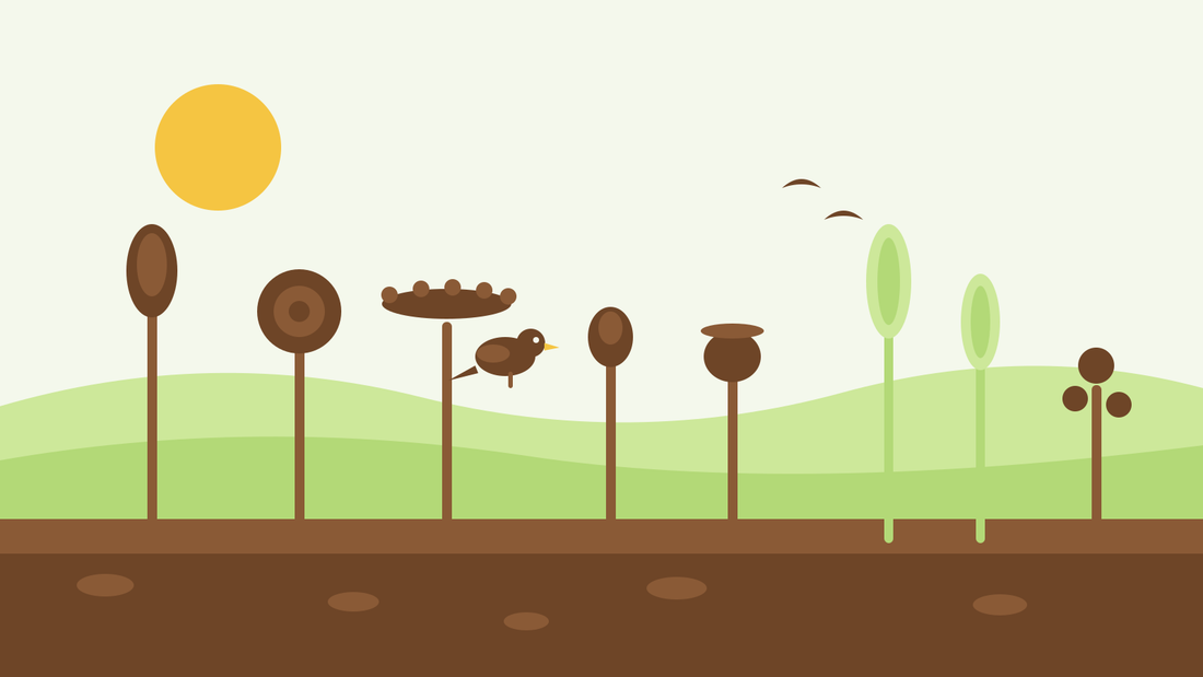 Leave the seedheads in autumn — flat illustration of standing brown seedheads and grass plumes over bare soil with a bird perched on a stem