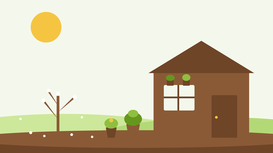 Overwintering tender plants — flat illustration of potted plants sheltered beside a shed in a frosty winter garden