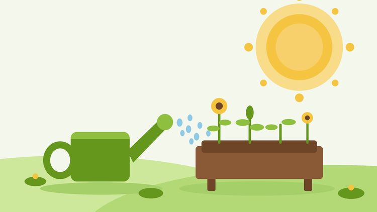 Gießen in der Hitzewelle — flache Illustration einer Gießkanne, die ein Hochbeet unter einer strahlenden Sommersonne wässert, von SeedsChoice