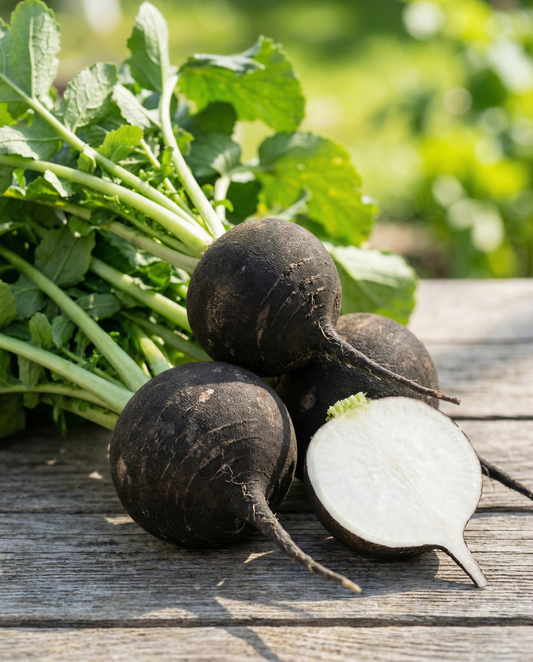 Spanish Black Round Winter Radish (Raphanus sativus) – organic annual vegetable seeds from SeedsChoice