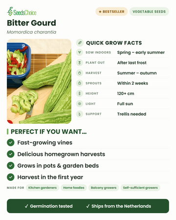 Bitter Gourd Momordica charantia quick grow facts: sow indoors in spring, plant out after last frost, harvest summer to autumn, climbing vines to 120+ cm on a trellis, full sun