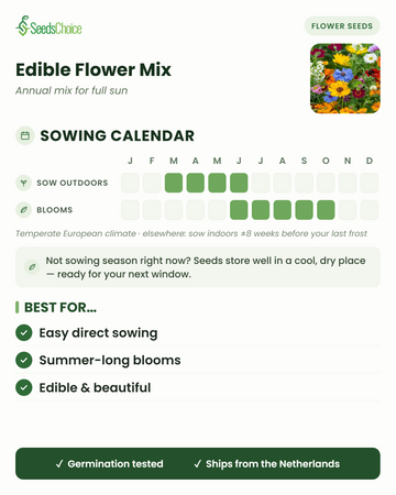 Sowing calendar for Edible Flower Mix in a temperate European climate: direct sow March to June, blooms June to October; seeds store well until the next sowing season